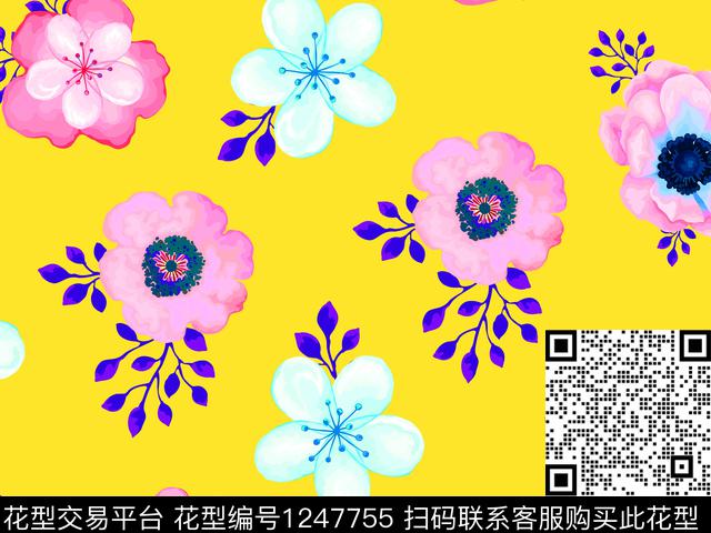 清爽底花卉水彩花卉散点花卉数码印花华亿平台下载（图片编号: 1247755） - 瓦栏（Walan）