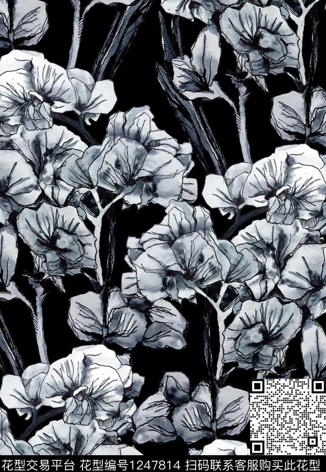 手绘花卉大牌风兰花数码印花华亿平台下载（图片编号: 1247814） - 瓦栏（Walan）