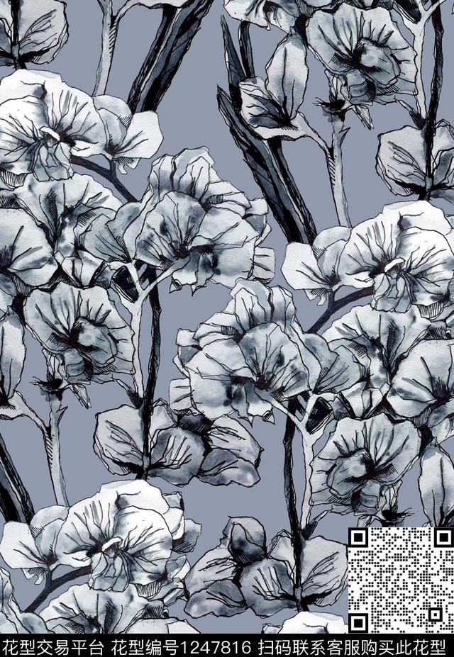 手绘花卉大牌风兰花数码印花华亿平台下载（图片编号: 1247816） - 瓦栏（Walan）
