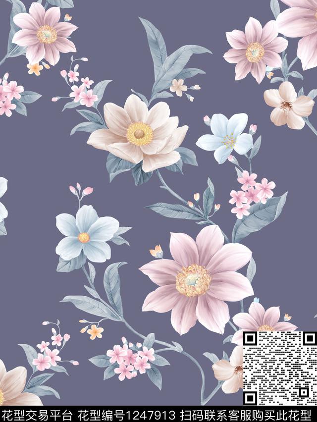 花卉手绘大花连衣裙传统印花华亿平台下载（图片编号: 1247913） - 瓦栏（Walan）