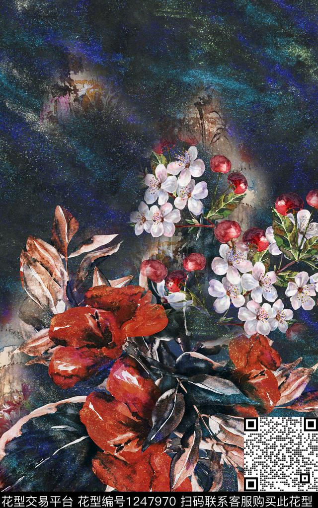 油画华亿平台真丝中国风定位花数码印花华亿平台下载（图片编号: 1247970） - 瓦栏（Walan）