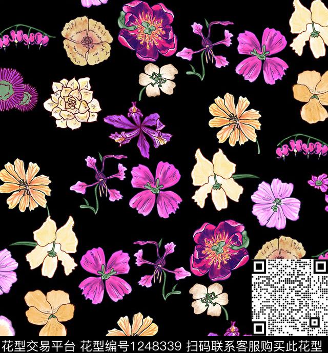 手绘花卉大牌风绿植树叶数码印花华亿平台下载（图片编号: 1248339） - 瓦栏（Walan）