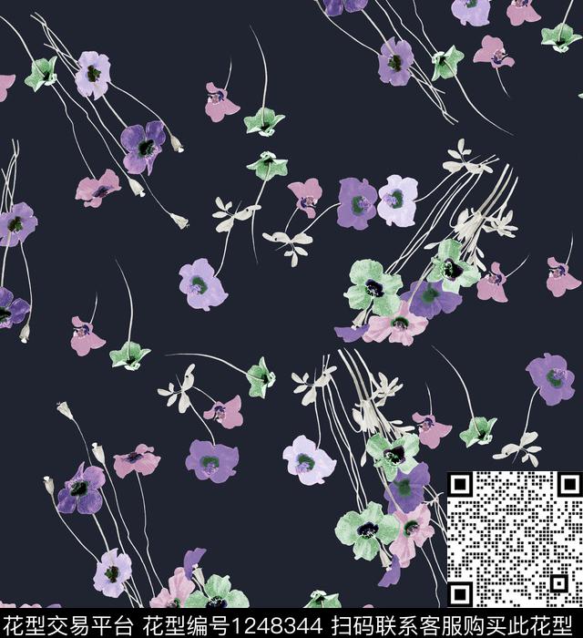 手绘花卉大牌风绿植树叶数码印花华亿平台下载（图片编号: 1248344） - 瓦栏（Walan）