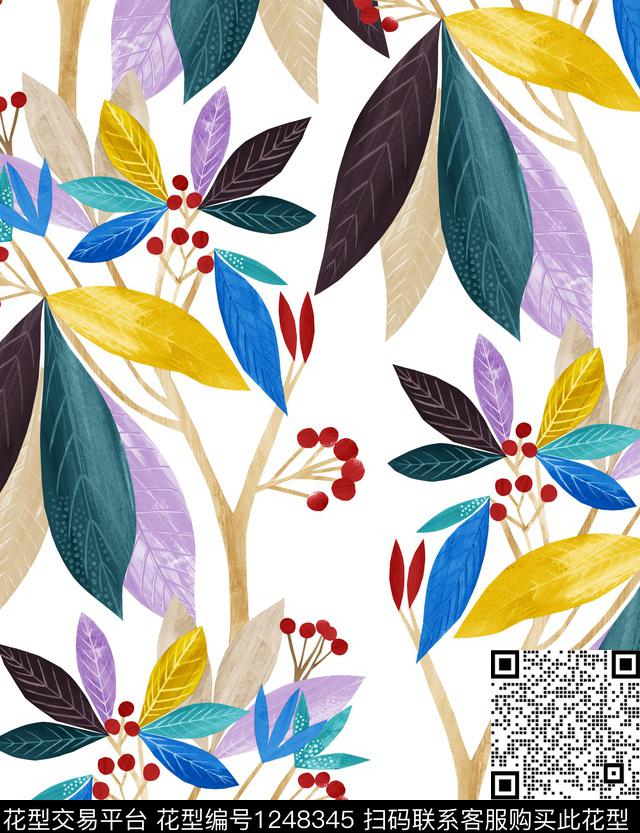 手绘花卉大牌风绿植树叶数码印花华亿平台下载（图片编号: 1248345） - 瓦栏（Walan）