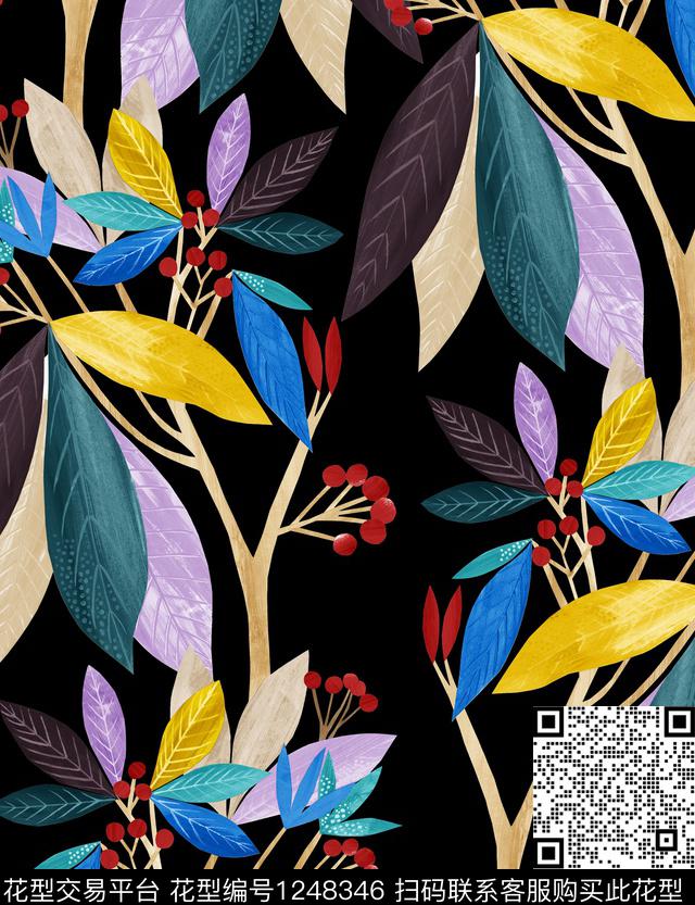手绘花卉大牌风绿植树叶数码印花华亿平台下载（图片编号: 1248346） - 瓦栏（Walan）