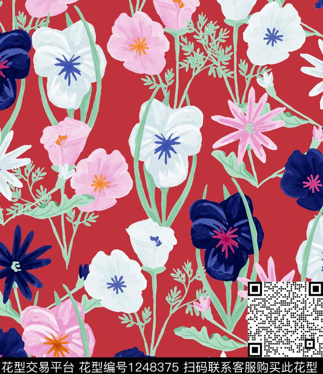 手绘花卉大牌风绿植树叶数码印花华亿平台下载（图片编号: 1248375） - 瓦栏（Walan）