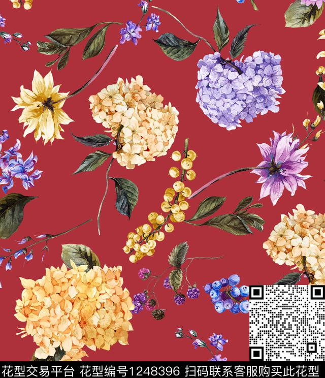 手绘花卉大牌风绿植树叶数码印花华亿平台下载（图片编号: 1248396） - 瓦栏（Walan）