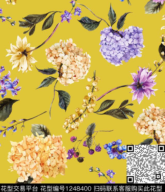 手绘花卉大牌风绿植树叶数码印花华亿平台下载（图片编号: 1248400） - 瓦栏（Walan）