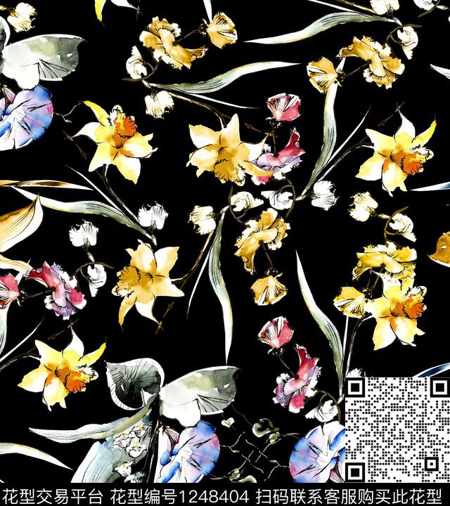 手绘花卉大牌风绿植树叶数码印花华亿平台下载（图片编号: 1248404） - 瓦栏（Walan）