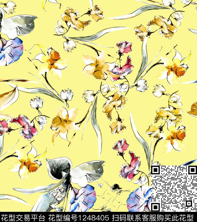 手绘花卉大牌风绿植树叶数码印花华亿平台下载（图片编号: 1248405） - 瓦栏（Walan）