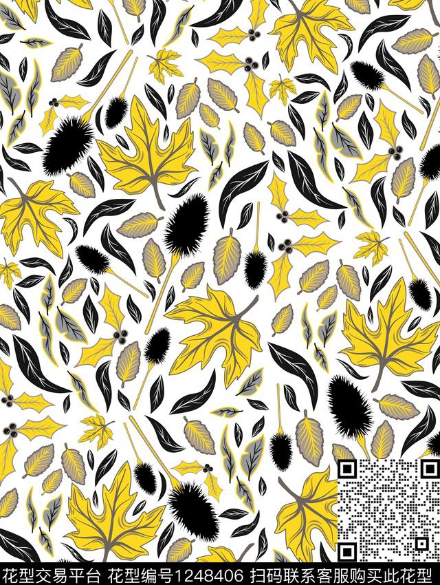 手绘花卉大牌风绿植树叶数码印花华亿平台下载（图片编号: 1248406） - 瓦栏（Walan）