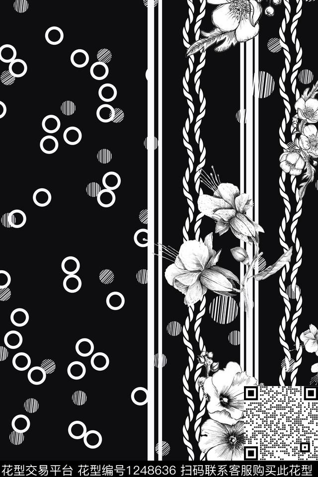 黑白华亿平台几何花卉复古数码印花华亿平台下载（图片编号: 1248636） - 瓦栏（Walan）