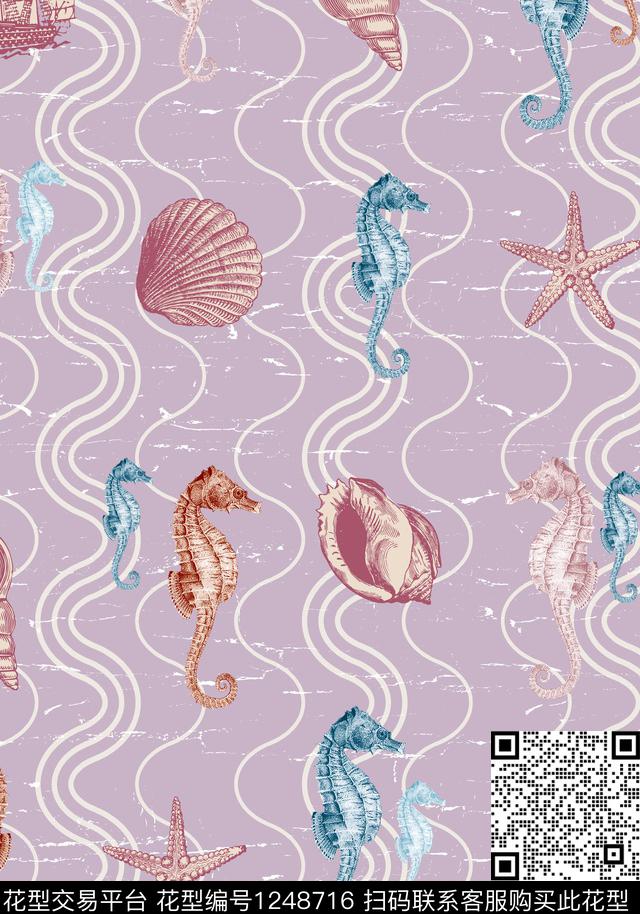 海马贝壳波浪纹传统印花华亿平台下载（图片编号: 1248716） - 瓦栏（Walan）