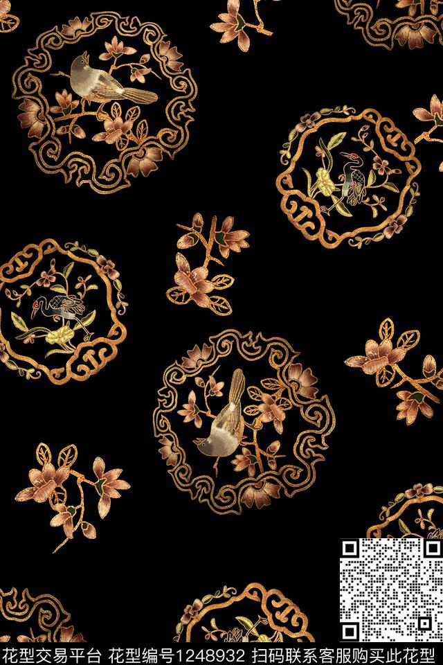 花鸟中国风绣花华亿平台数码印花华亿平台下载（图片编号: 1248932） - 瓦栏（Walan）