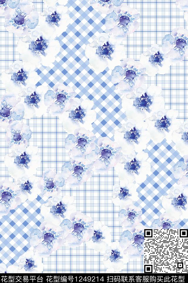 格子花卉清爽底花卉数码印花华亿平台下载（图片编号: 1249214） - 瓦栏（Walan）
