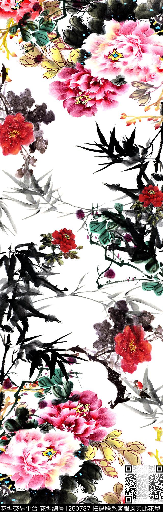 国画写意花卉披肩长巾数码印花华亿平台下载（图片编号: 1250737） - 瓦栏（Walan）