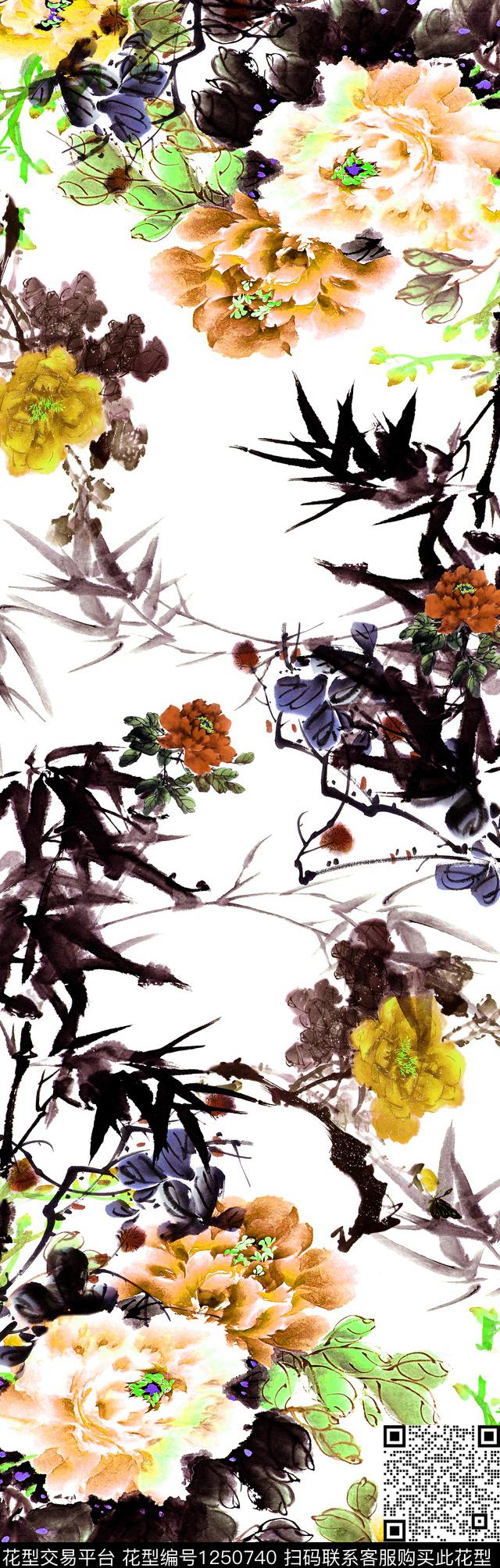 国画写意花卉披肩长巾数码印花华亿平台下载（图片编号: 1250740） - 瓦栏（Walan）
