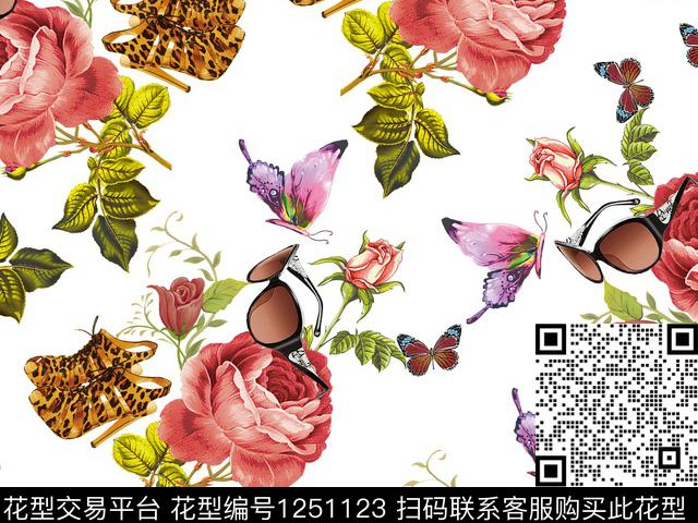 抽象花卉蝴蝶与玫瑰创意数码印花华亿平台下载（图片编号: 1251123） - 瓦栏（Walan）