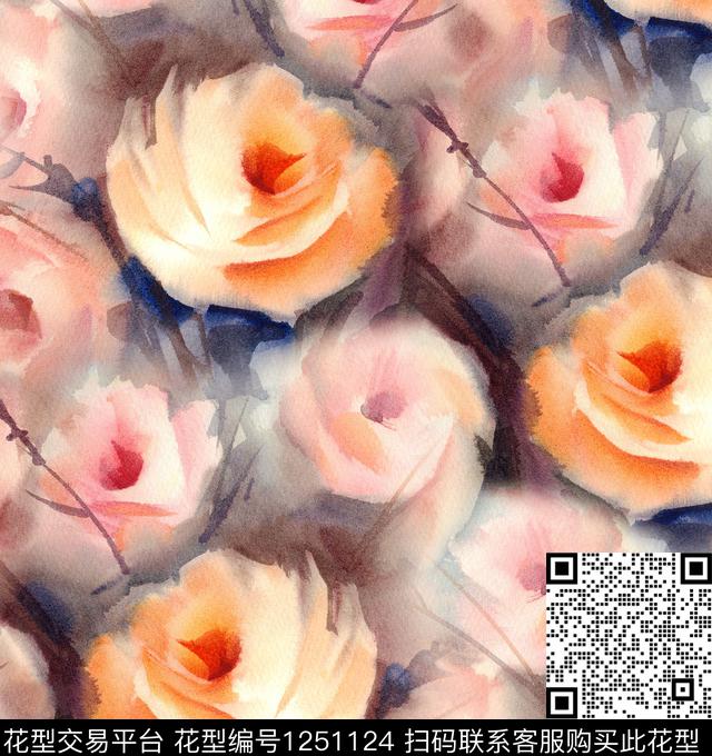 玉兰花玫瑰花painting数码印花华亿平台下载（图片编号: 1251124） - 瓦栏（Walan）