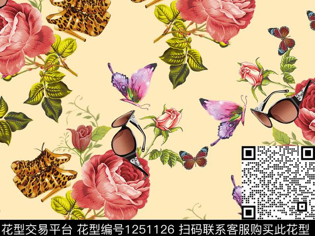 抽象花卉蝴蝶与玫瑰创意数码印花华亿平台下载（图片编号: 1251126） - 瓦栏（Walan）