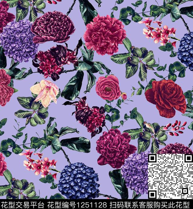 玫瑰花绣球花数码印花华亿平台下载（图片编号: 1251128） - 瓦栏（Walan）