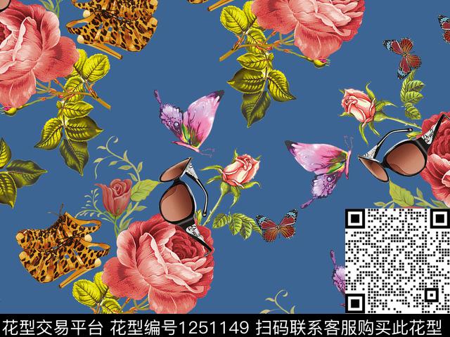抽象花卉蝴蝶与玫瑰创意数码印花华亿平台下载（图片编号: 1251149） - 瓦栏（Walan）