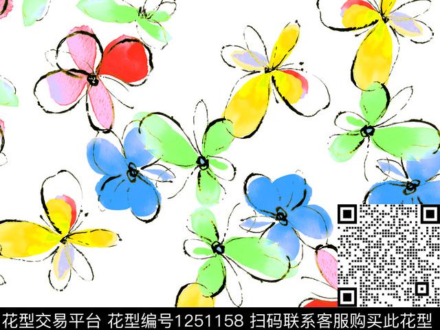 可爱线条花卉靓丽花卉数码印花华亿平台下载（图片编号: 1251158） - 瓦栏（Walan）