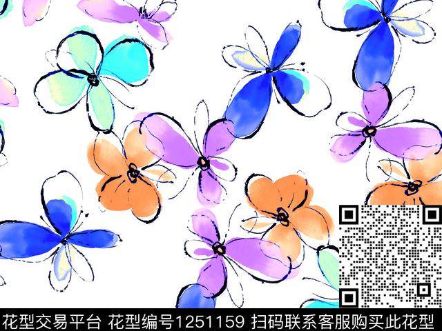 可爱线条花卉靓丽花卉数码印花华亿平台下载（图片编号: 1251159） - 瓦栏（Walan）