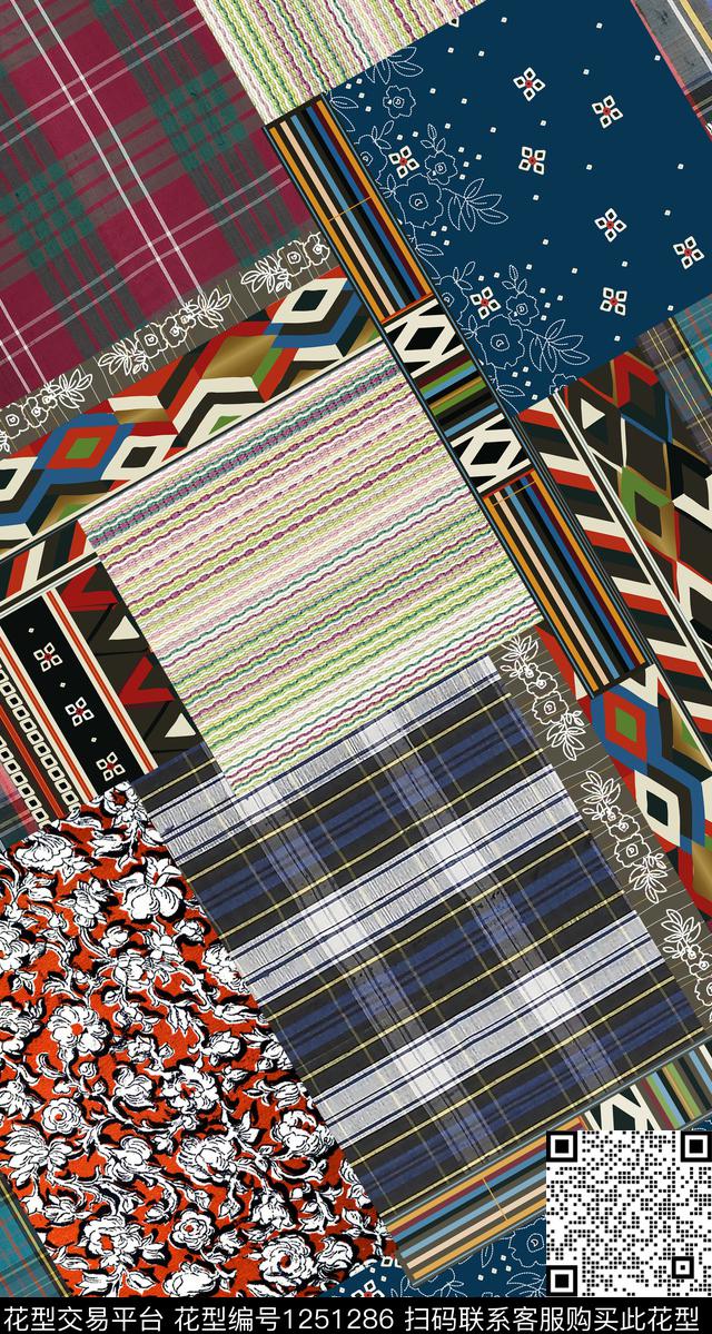 格子几何混合拼接传统印花华亿平台下载（图片编号: 1251286） - 瓦栏（Walan）