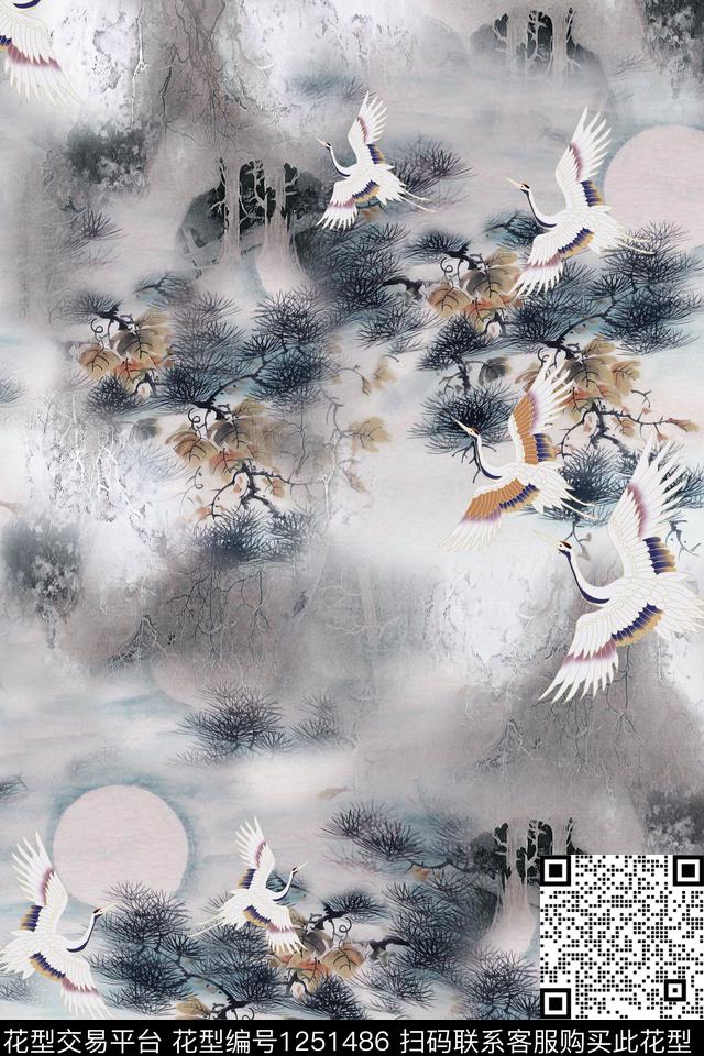 水墨风大牌风仙鹤数码印花华亿平台下载（图片编号: 1251486） - 瓦栏（Walan）