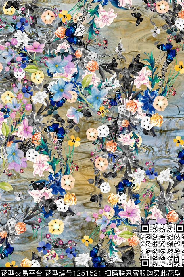 花卉电脑合成底纹花数码印花华亿平台下载（图片编号: 1251521） - 瓦栏（Walan）