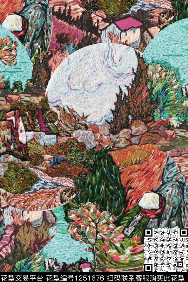 抽象绣花华亿平台混合拼接数码印花华亿平台下载（图片编号: 1251676） - 瓦栏（Walan）