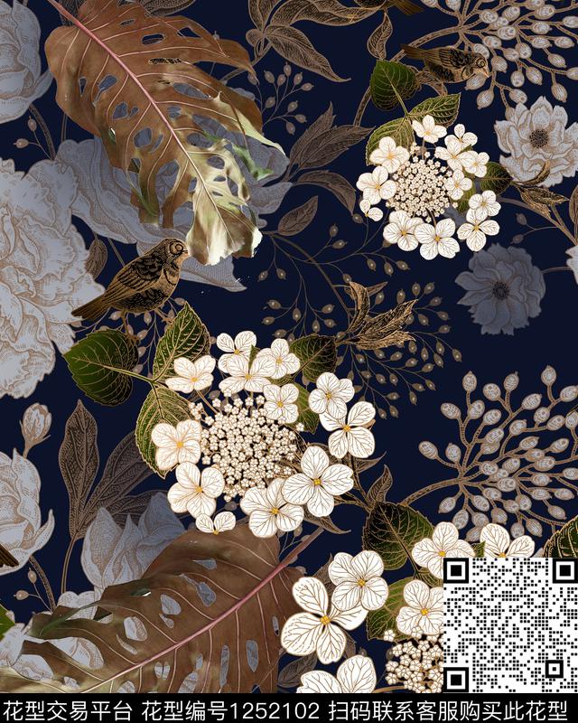 树枝大牌风花卉数码印花华亿平台下载（图片编号: 1252102） - 瓦栏（Walan）