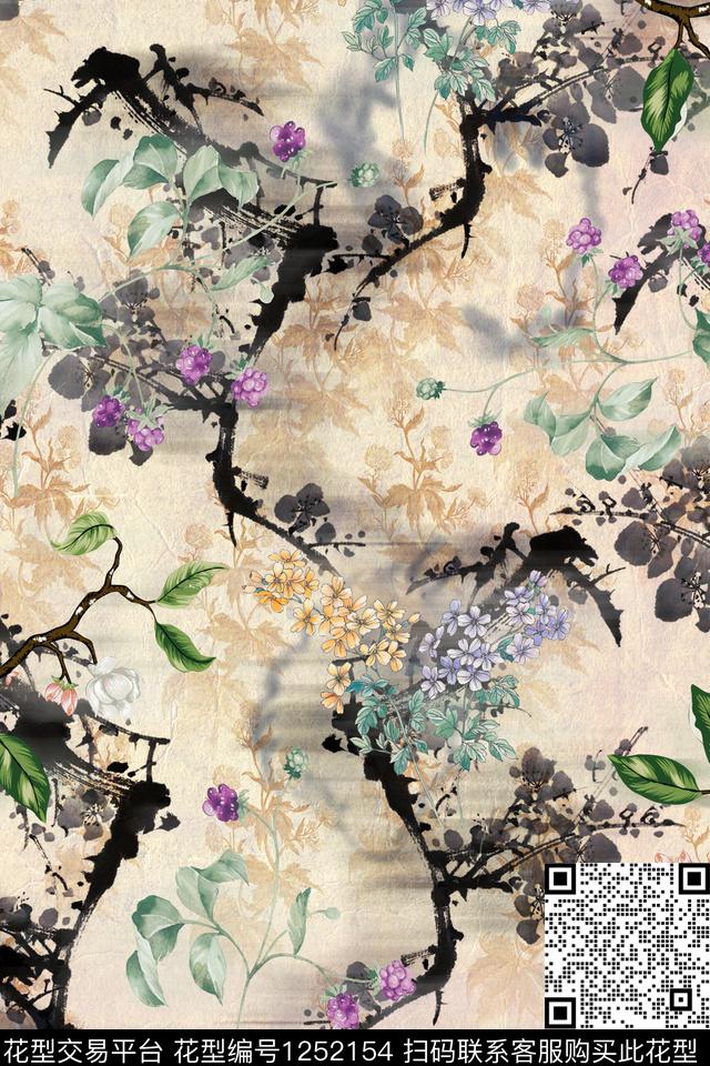 树枝花卉底纹数码印花华亿平台下载（图片编号: 1252154） - 瓦栏（Walan）