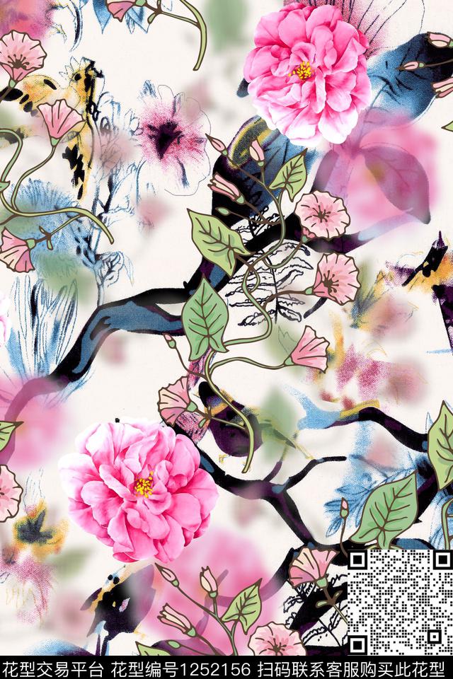 树枝花卉底纹数码印花华亿平台下载（图片编号: 1252156） - 瓦栏（Walan）
