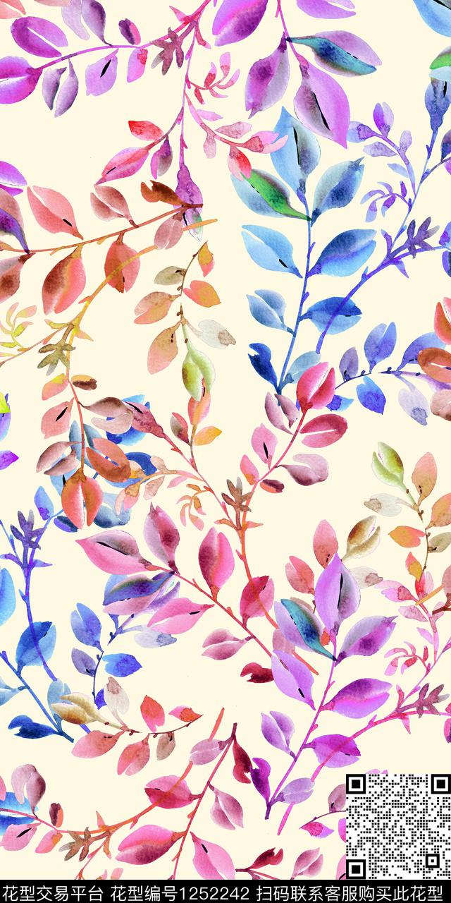 树枝大牌风花卉数码印花华亿平台下载（图片编号: 1252242） - 瓦栏（Walan）