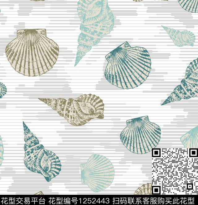 条纹贝壳海洋宝藏传统印花华亿平台下载（图片编号: 1252443） - 瓦栏（Walan）
