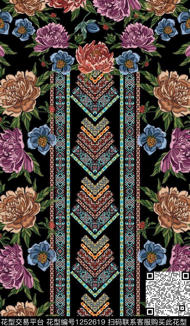几何定位花民族风数码印花华亿平台下载（图片编号: 1252619） - 瓦栏（Walan）
