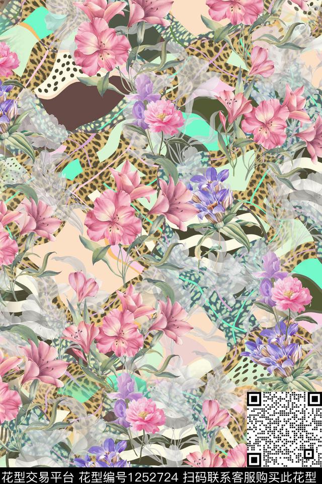 花卉豹纹电脑合成数码印花华亿平台下载（图片编号: 1252724） - 瓦栏（Walan）