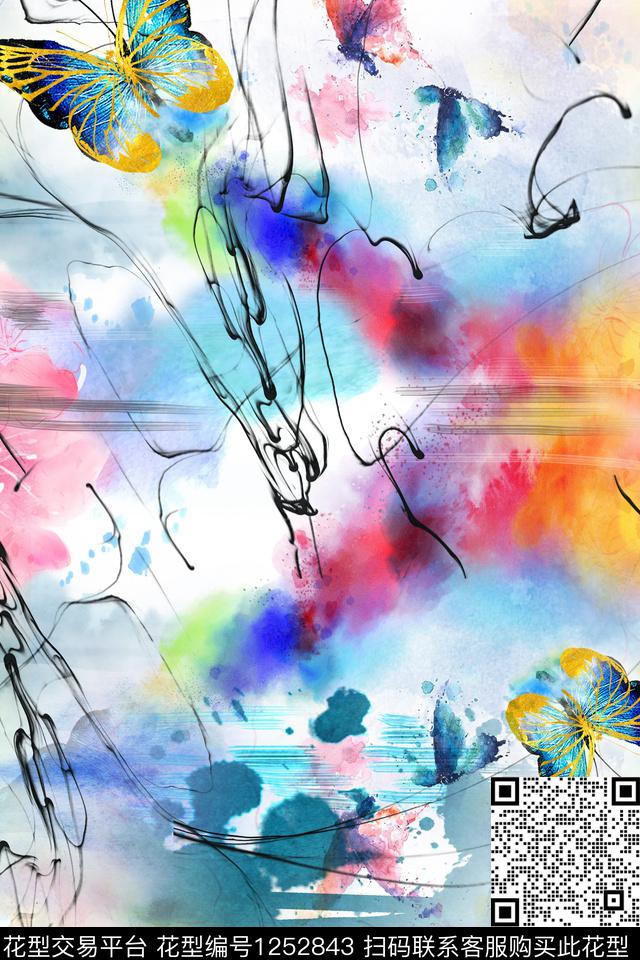 水墨风蝴蝶肌理数码印花华亿平台下载（图片编号: 1252843） - 瓦栏（Walan）