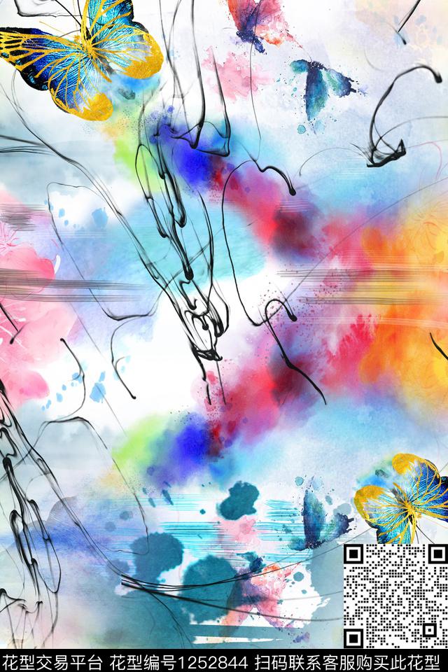 水墨风蝴蝶肌理数码印花华亿平台下载（图片编号: 1252844） - 瓦栏（Walan）