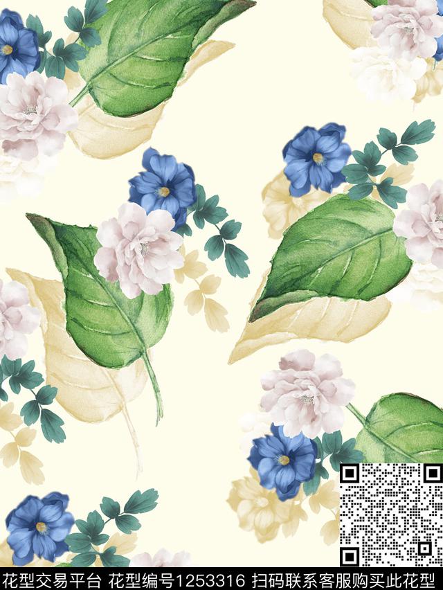 水墨风手绘大花花卉数码印花华亿平台下载（图片编号: 1253316） - 瓦栏（Walan）