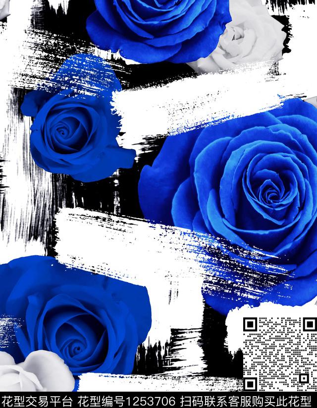 笔触玫瑰花stroke数码印花华亿平台下载（图片编号: 1253706） - 瓦栏（Walan）