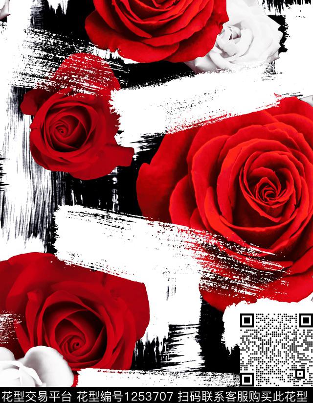 笔触玫瑰花stroke数码印花华亿平台下载（图片编号: 1253707） - 瓦栏（Walan）