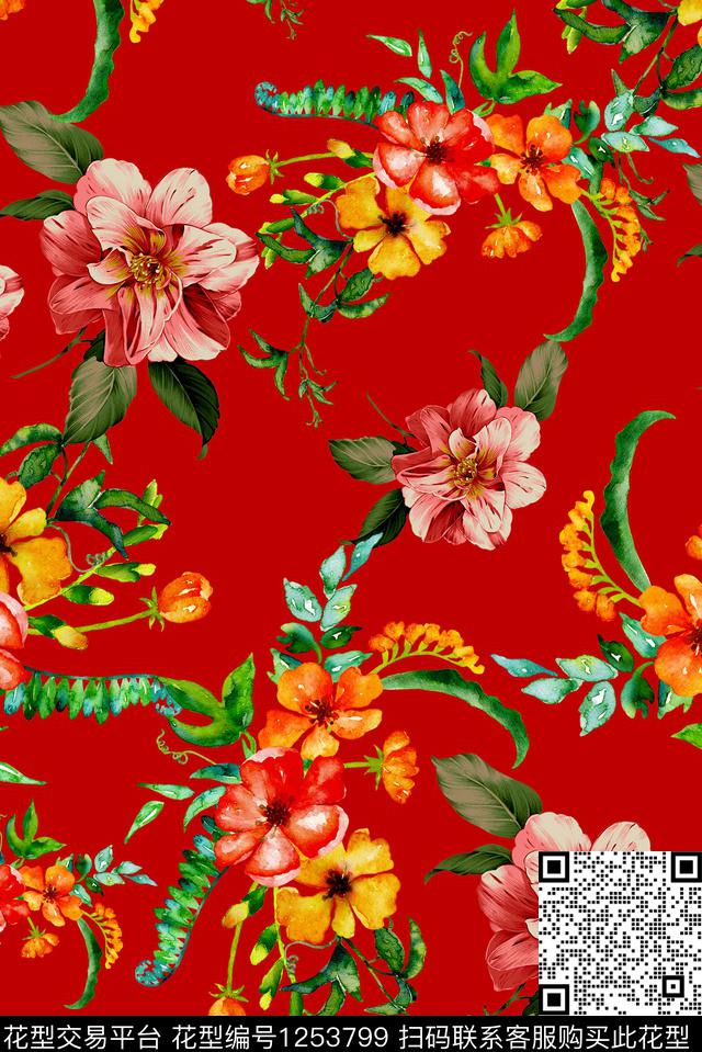 花卉复古中老年数码印花华亿平台下载（图片编号: 1253799） - 瓦栏（Walan）