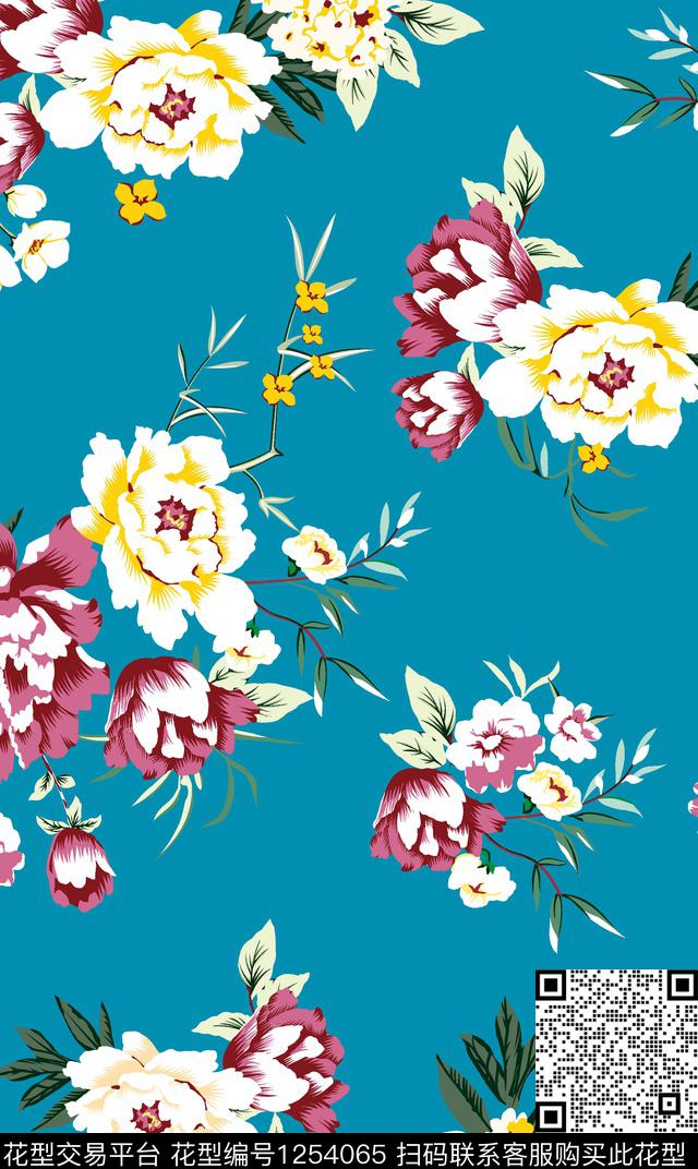 手绘花卉秋冬华亿平台花卉传统印花华亿平台下载（图片编号: 1254065） - 瓦栏（Walan）