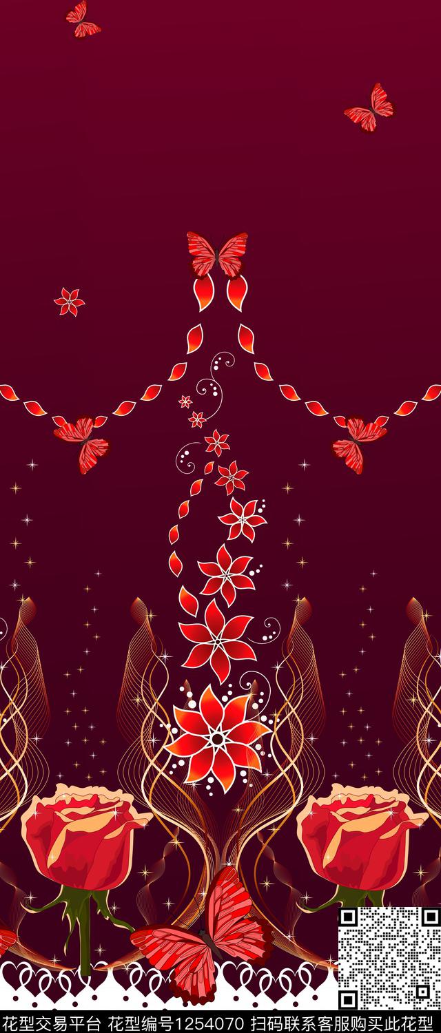 花卉定位花玫瑰花数码印花华亿平台下载（图片编号: 1254070） - 瓦栏（Walan）