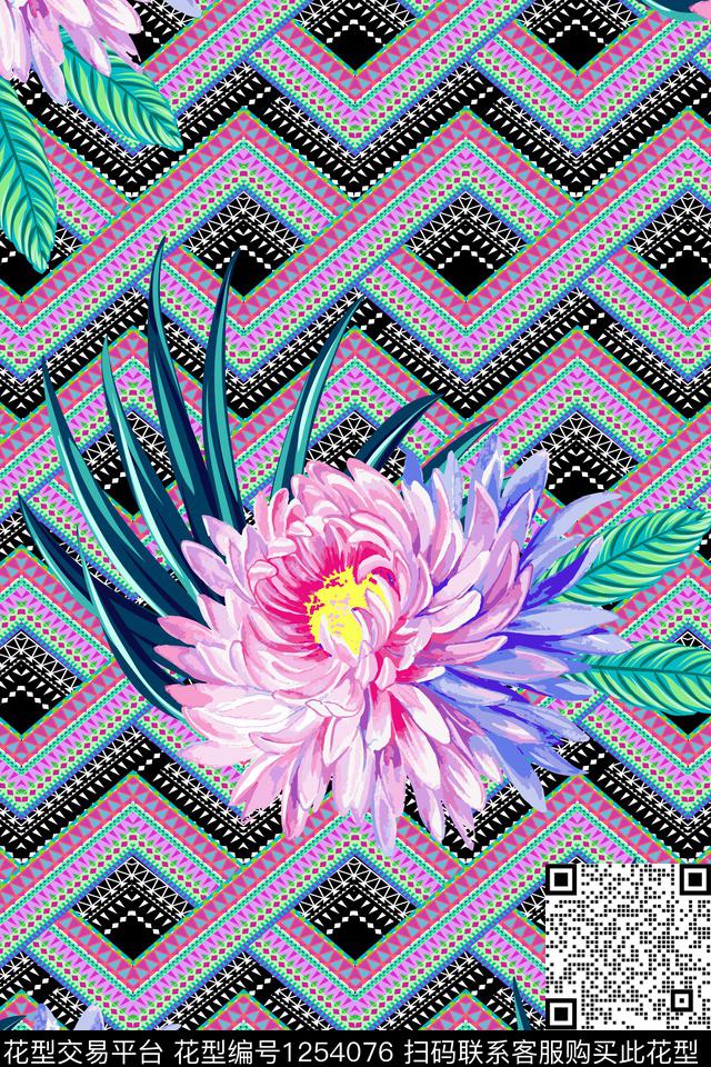 菊花几何棕榈叶子数码印花华亿平台下载（图片编号: 1254076） - 瓦栏（Walan）