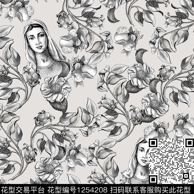 大牌风花卉素描数码印花华亿平台下载（图片编号: 1254208） - 瓦栏（Walan）