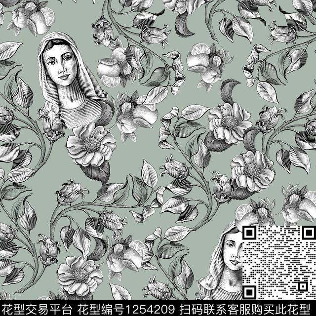 大牌风花卉素描数码印花华亿平台下载（图片编号: 1254209） - 瓦栏（Walan）